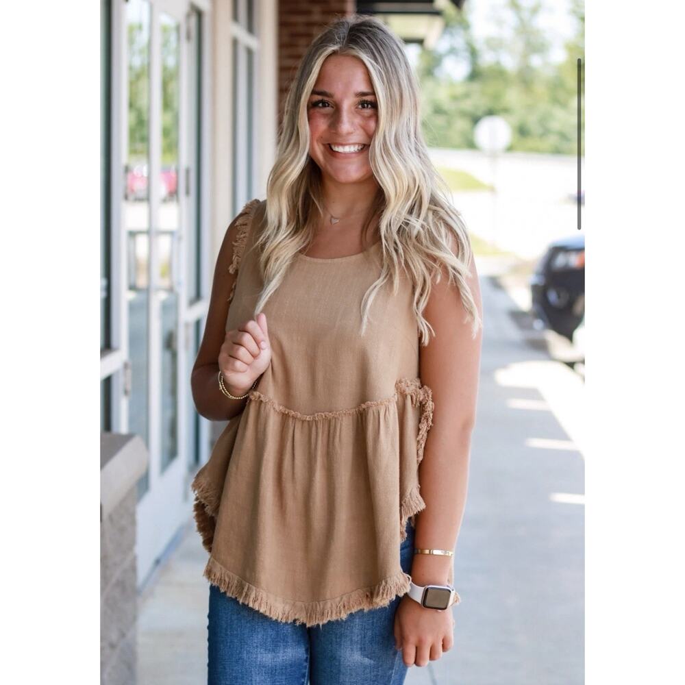 Umgee Boho Flowy Fringe Tank Camel Color Size Medium Linen Cotton Blend